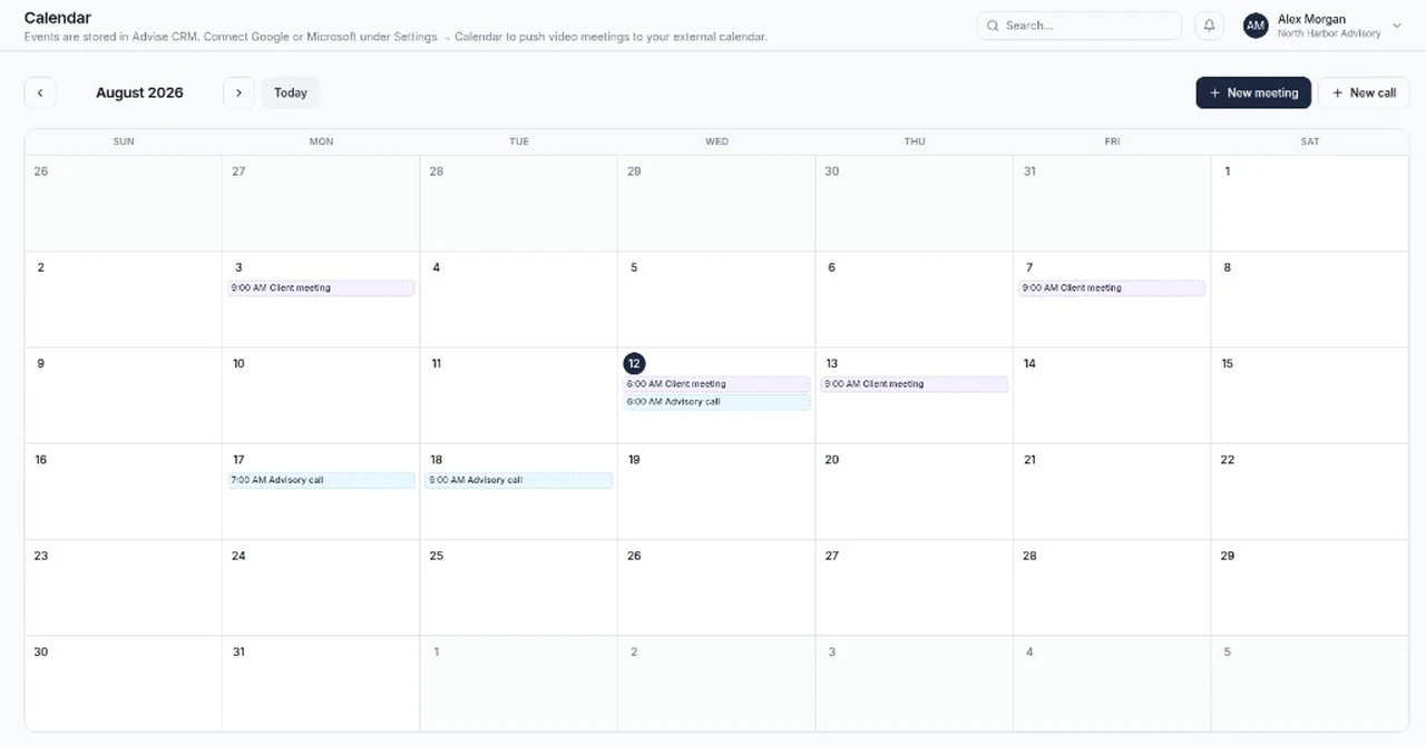 AdviseCRM calendar for August with client meetings and advisory calls