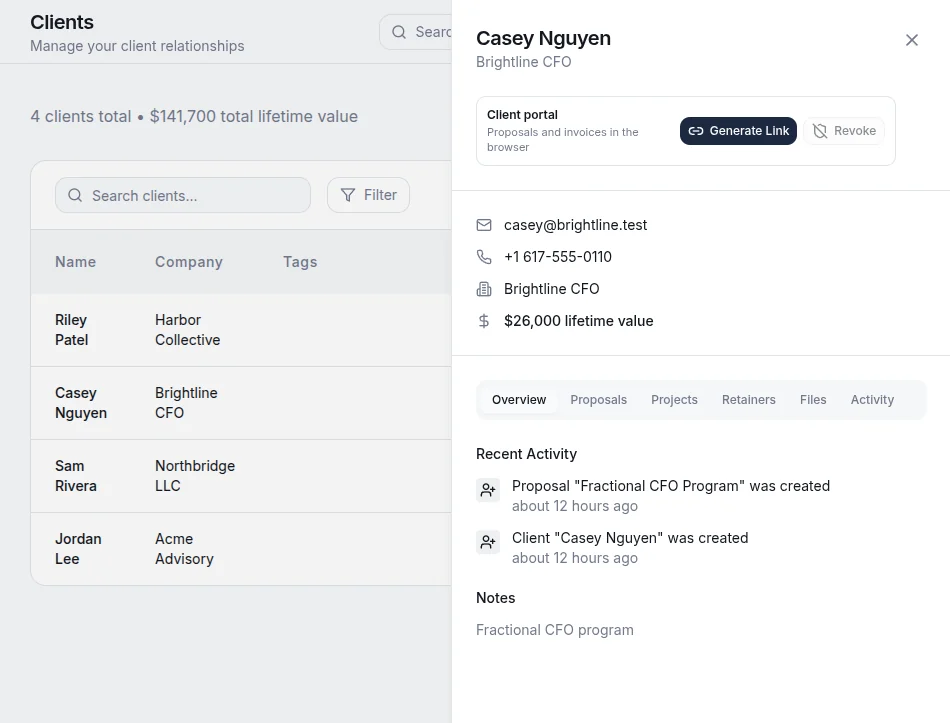 AdviseCRM clients list with selected client details, portal link, and recent activity