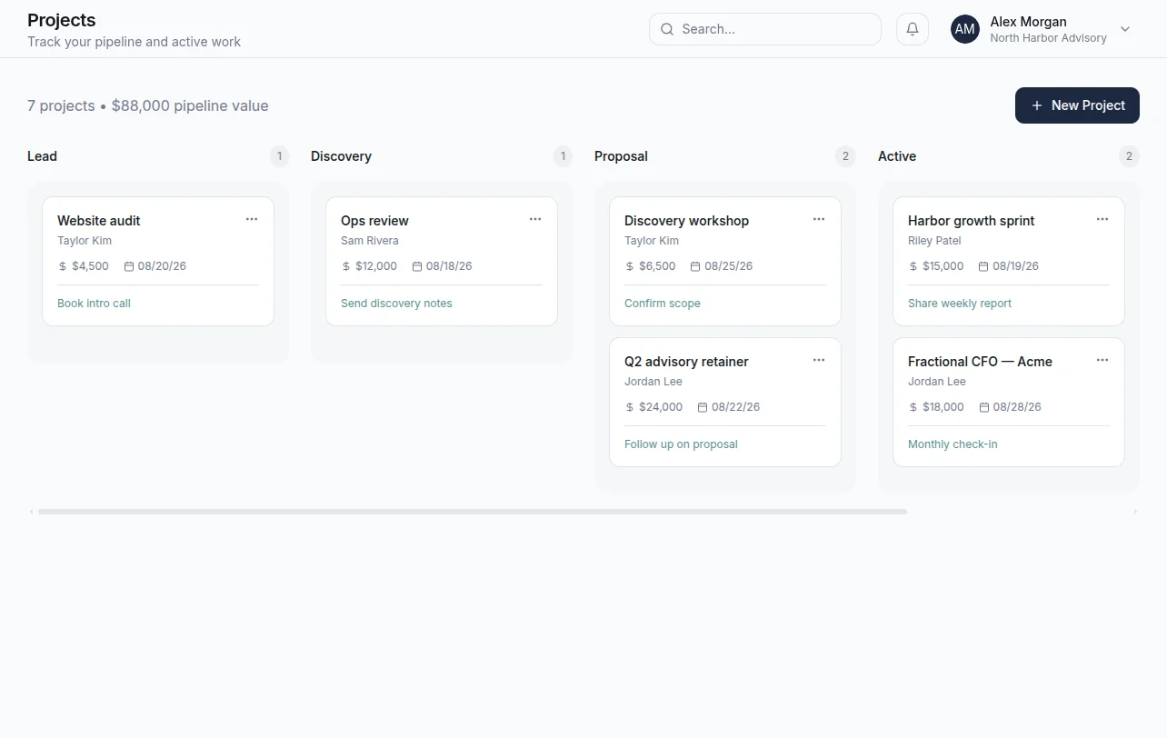 AdviseCRM projects pipeline board with Lead, Discovery, Proposal, and Active stages